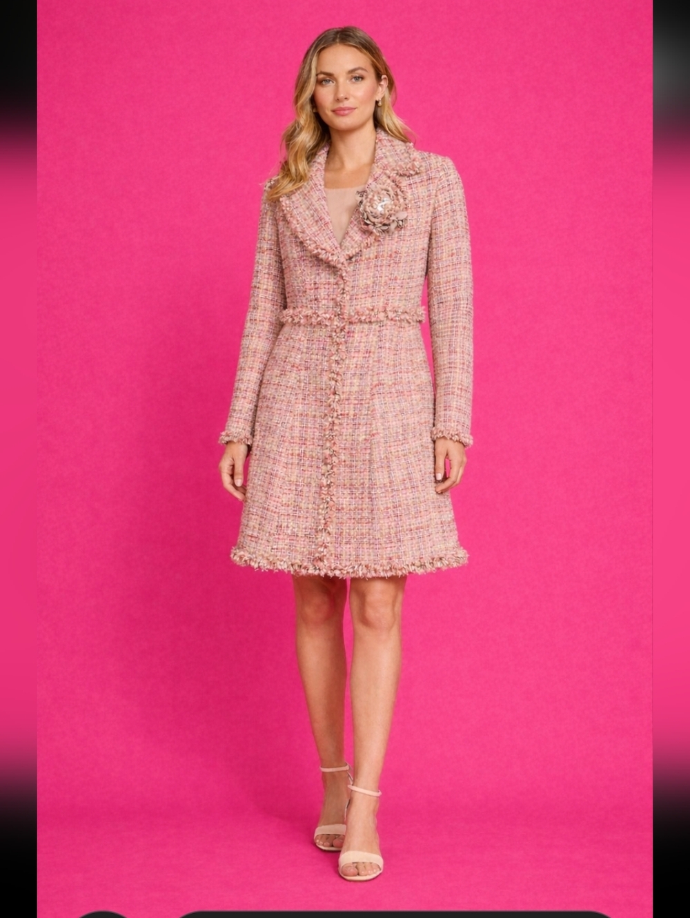 Moiselle Elegant Mulberry Silk Tweed Coat with Floral‎ Accent